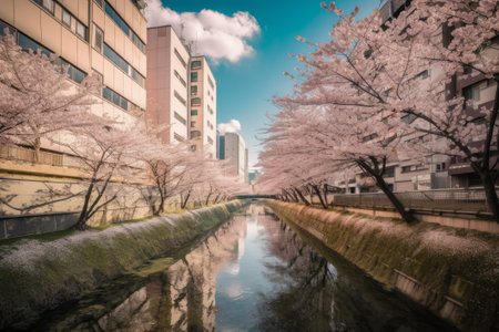 Cherry blossoms along the canal in Tokyo, Japan. Cherry blossom season.の素材