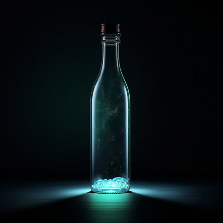 Glass bottle with glowing light on dark background. 3D Renderingの素材