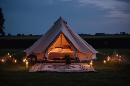 Camping tent in a field at night. Camping concept.の素材