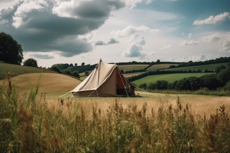 Camping tent in the middle of a meadow in the countrysideの素材