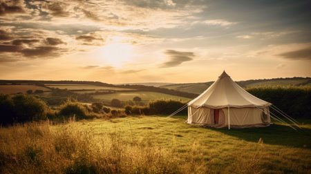 A tent on a meadow in the sunset. Vintage style.の素材