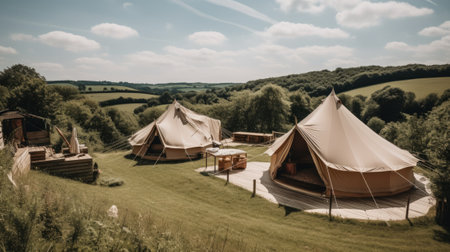 Camping tents on the top of a hill in the countryside.の素材