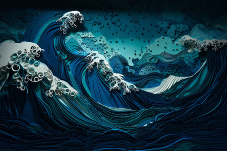 Abstract 3D rendering of stormy sea with waves and clouds.の素材