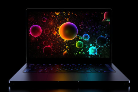 Laptop with abstract colorful bubbles on black background. 3D renderingの素材
