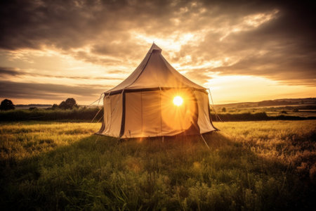Camping tent in the middle of a field with a sunset in the backgroundの素材