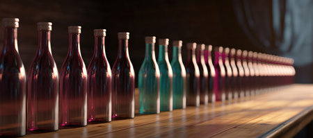 Bottles of wine on a wooden shelf in a pub or restaurantの素材