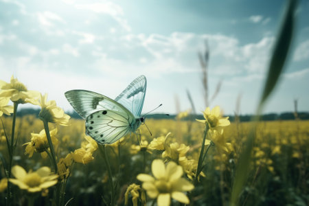Butterfly on yellow flowers with blue sky and white clouds.の素材