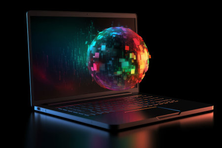 Laptop with disco ball on black background. 3D illustration.の素材