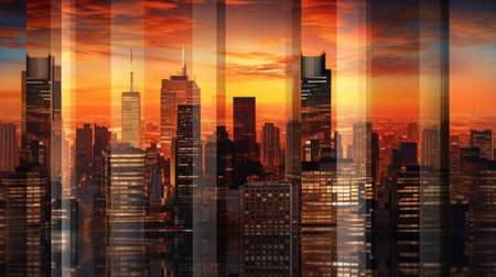 Double exposure of skyscrapers at sunset, New York City, USAの素材