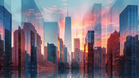 Double exposure of modern skyscrapers at sunset, New York Cityの素材