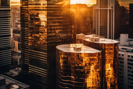 Aerial view of skyscrapers in the city at sunset.の素材