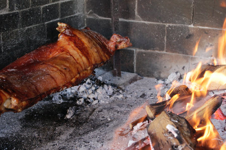 Pork spit. Smoked grilled meat with skewers. Real wood fire barbecue. Mexican grill restaurant. Grilled suckling pig.の写真素材