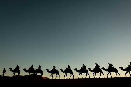 Caravan of camels and people trekking through the Sahara desert.の写真素材