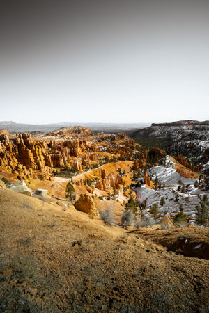 Desaturated monochrome fine art photo style of bryce canyon national park during the day in winter with snow on groundの写真素材
