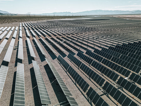 Renewable solar energy solar farm in the desert of southern Nevada on a dry lake bed gathering sun...