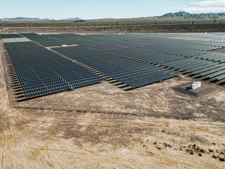 Renewable solar energy solar farm in the desert of southern Nevada on a dry lake bed gathering sun...