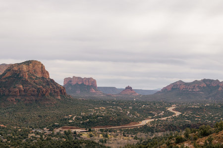 Sunset viewpoint in Sedona Arizona as seen from Airport Mesa Vortex looking towards both sides of...