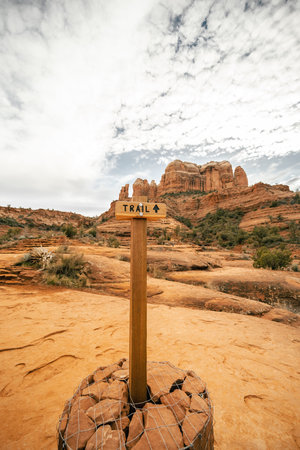 Trail marker indicating trail direction at Cathedral Rock in Sedonaの写真素材