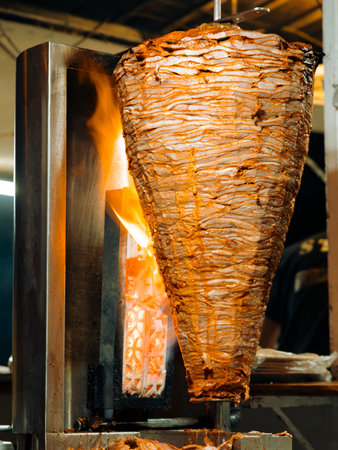 Vertical image Grilling traditional trompo al pastor street taco pork meat on spit with flames at night in Mexico.の写真素材