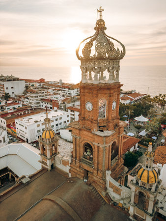 Close up vertical view of our Lady of Guadalupe church in Puerto Vallarta, Jalisco, Mexico at sunset