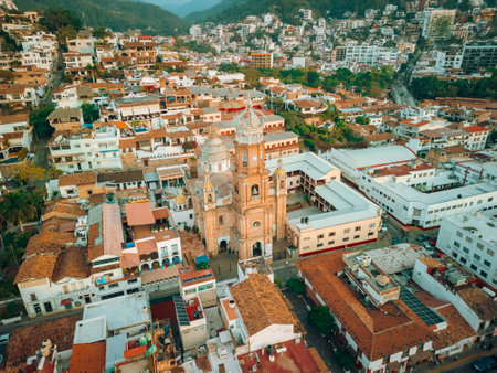 Wide angle view of our Lady of Guadalupe church in Puerto Vallarta, Jalisco, Mexico at sunset.の写真素材