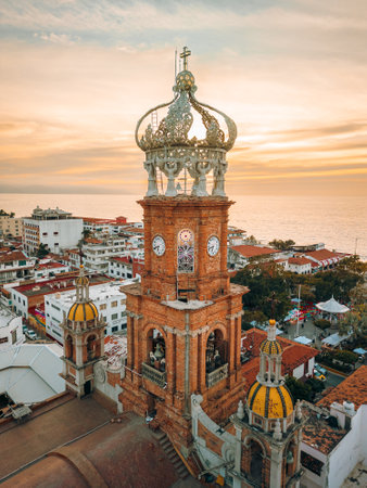 Close up aerial HDR image of our Lady of Guadalupe church in Puerto Vallarta, Mexico at sunset.の写真素材