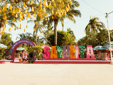 Colorful word letter sign of Sayulita in Mexico placed in the center of town for all to be welcomed.の写真素材