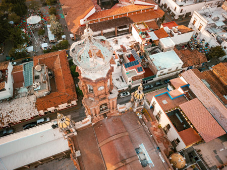 High angle top top down view of our Lady of Guadalupe church in Puerto Vallarta, Mexico at sunset.の写真素材