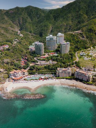Close up Aerial view of Puerto Vallarta Mexico near blue turquoise ocean water.の写真素材