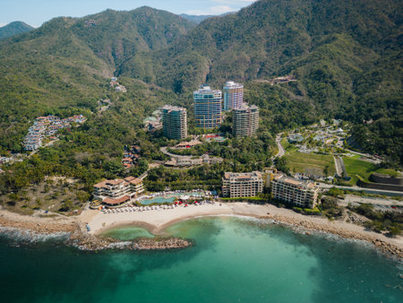Aerial view of Puerto Vallarta Mexico above perfectly blue turquoise ocean water.の写真素材