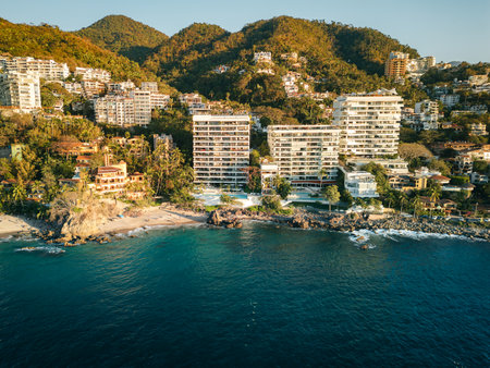 Arial View of Play Amapas with hotels and condominiums in hillside behind with blue turquoise water.の写真素材
