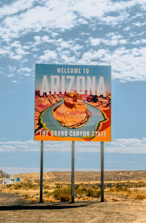 Vertical image of Arizona State Welcome Sign saying "The Grand Canyon State" with image of Horseshoe Bend.の写真素材