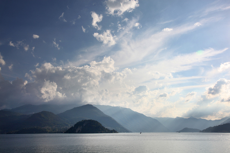 View of the mountains across Lake Como Italyの写真素材