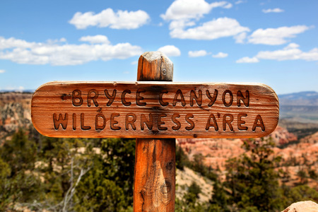 Wooden trail marker in Bryce Canyon National Parkの写真素材