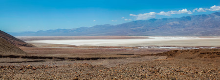 Panoramic view of the Bad Water Basin and salt flats in Death Valley National Parkの写真素材