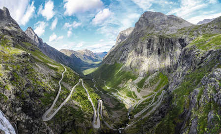Panoramic aerial view of the serpentine mountain road of Trollstigen in Norwayの写真素材