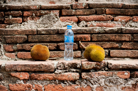 Durians and Water Bottle on the ground in Ayutthaya, Thailand. Thailand is known as Country of Smile. It is very interesting smell fruit.のeditorial素材