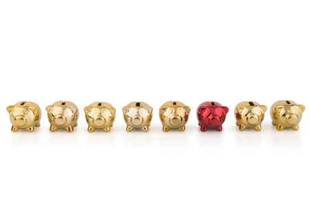 group of gold Piggy Banks in a  row with one redの写真素材