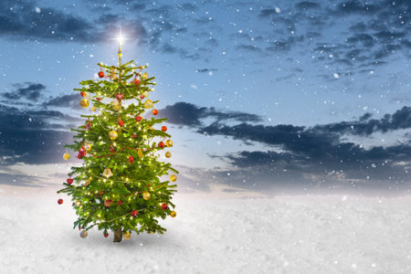 illuminated star on a christmas tree with snow fallingの写真素材