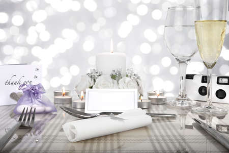 wedding dinner table setting with a blank  name cardの写真素材