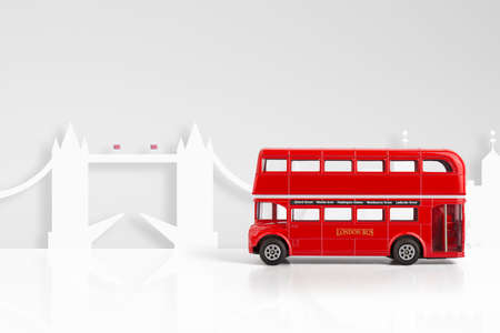 Red Model Bus & London skyline conceptの写真素材