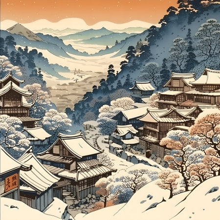 A snowy Japanese village in historic feudal Japan on a moonlit snowy night surrounded by snow-capped mountains and trees in Japanese woodblock styleの素材