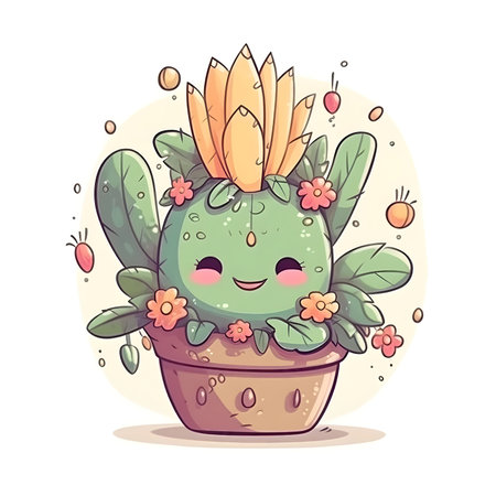 Cute kawaii happy cactus or succulent with crown of flowers in a potの素材