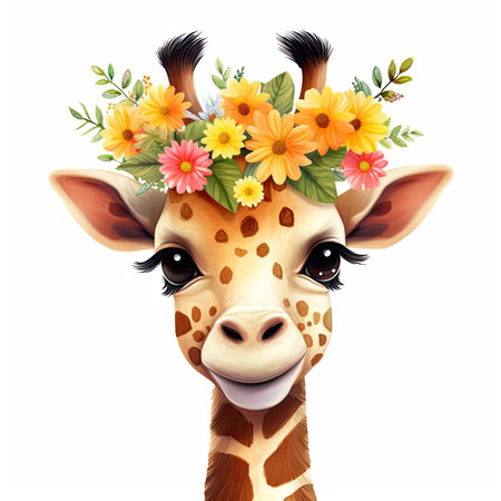Cute kawaii giraffe with a crown of flowers on its head.の素材