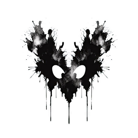 Black Rorschach inkblot with interesting shape on a white background.の素材