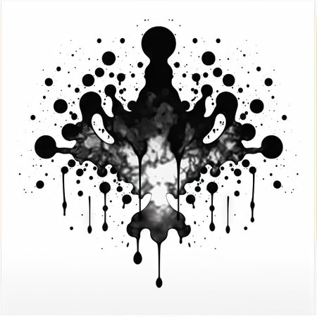 Black Rorschach inkblot with interesting shape on a white background.の素材