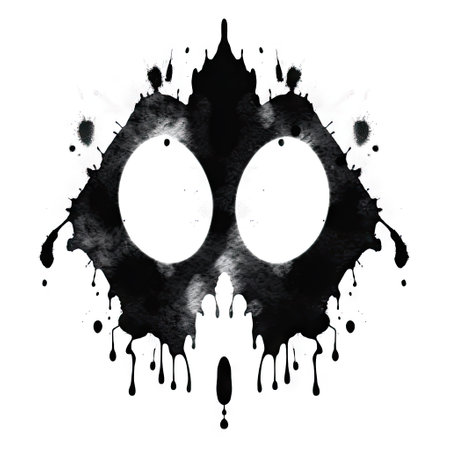 Black Rorschach inkblot with interesting shape on a white background.の素材