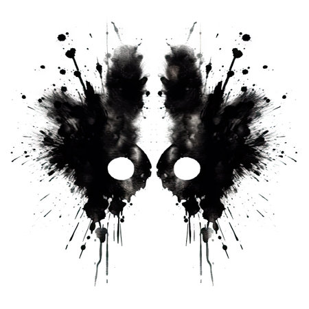 Black Rorschach inkblot with interesting shape on a white background.の素材