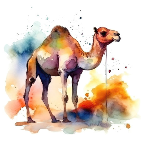 Watercolor portrait of a desert camel with colorful, bright, vibrant, and trippy colorsの素材