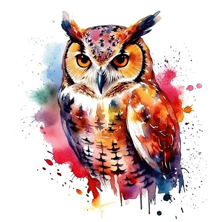 Watercolor portrait of an beautiful majestic owl in colorful, bright, vibrant, and trippy colorsの素材